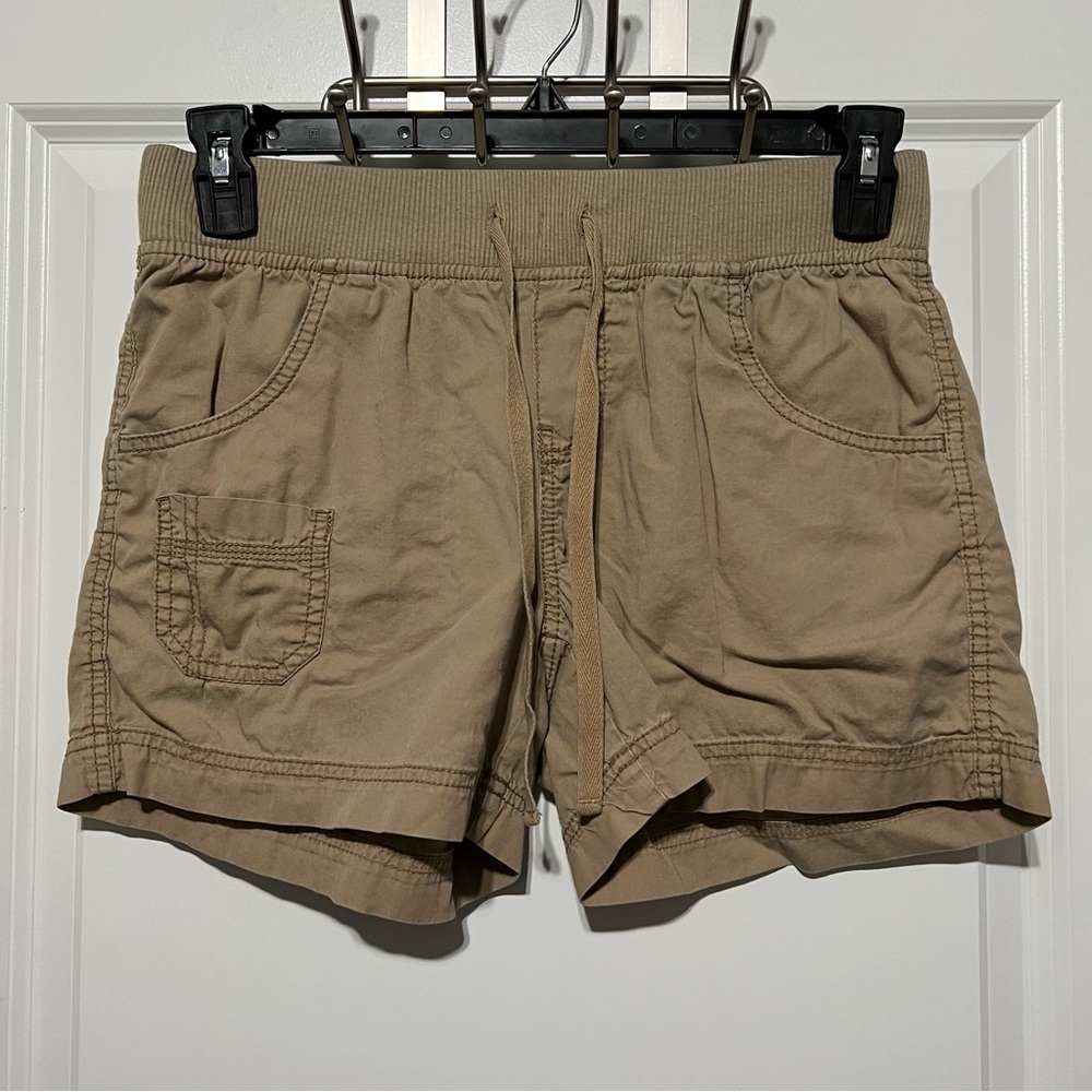 Faded Glory Women’s Elastic Ribbed Waist Drawstring Shorts, Sand Dune Tan